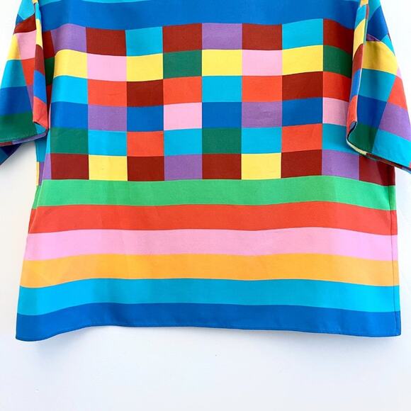 Valentino 1973 Check Panama Silk Top Rainbow Blouse Multicolor Stripe - Picture 7 of 12